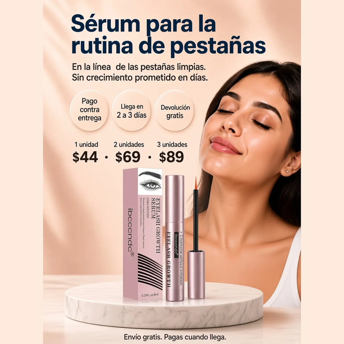 Sérum para la rutina de pestañas. Caja y tubo reales.